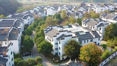 Aerial view of ancient town built along river in Huangshan China Video stock 336159785
