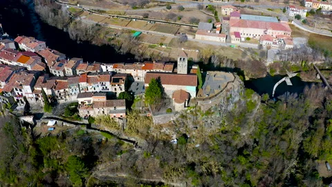 Aerial view of the ancient town Castelfollit de la Roca, Spain. Stock Footage 285103459