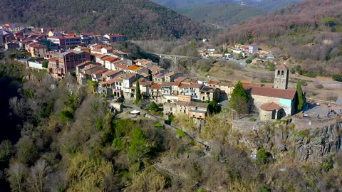 Aerial view of the ancient town Castelfollit de la Roca, Spain. Stock Footage 285103746
