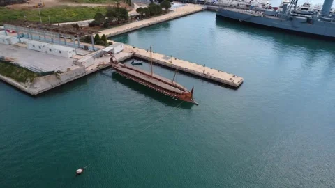 Aerial view ancient trireme ship at Flisvos Marina Athens Greece Stock Footage 338109609