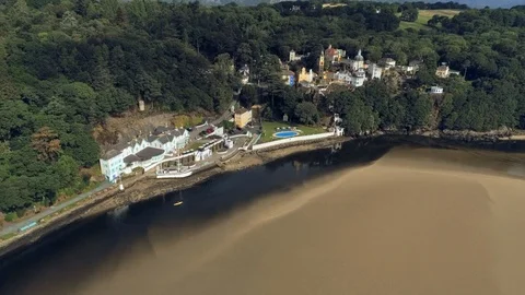 Aerial view, up and down move. Drone panorama of famous tourist village Portm Video stock 94236624