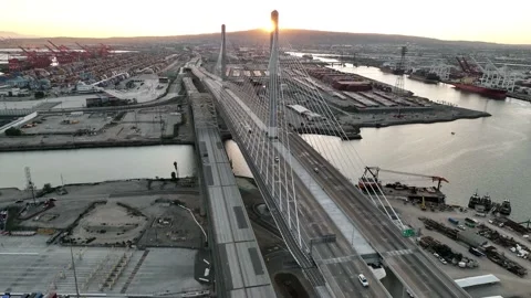 Aerial view and flight to bridge, shipyard containers and freeway in Long Beach Stock Footage 171835497