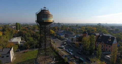 Aerial view and side of an old metal water Shukhov Tower in Mykolayiv, Ukraine Stock Footage 87913209