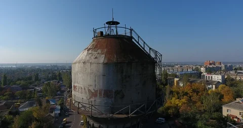 Aerial view and side of an old metal water Shukhov Tower in Mykolayiv, Ukraine Stock Footage 87913261