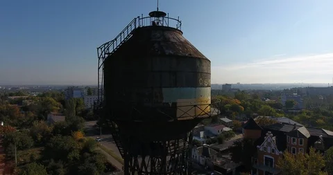 Aerial view and side of an old metal water Shukhov Tower in Mykolayiv, Ukraine Stock Footage 87913348