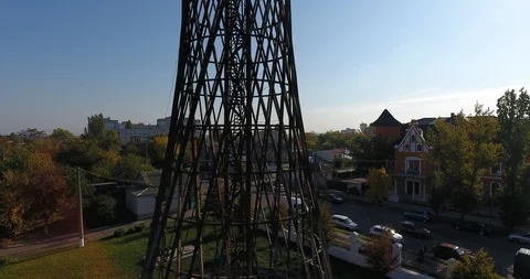 Aerial view and side of an old metal water Shukhov Tower in Mykolayiv, Ukraine Stock Footage 87913578