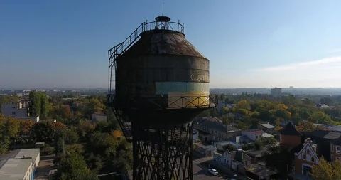 Aerial view and side of an old metal water Shukhov Tower in Mykolayiv, Ukraine Stock Footage 87913610