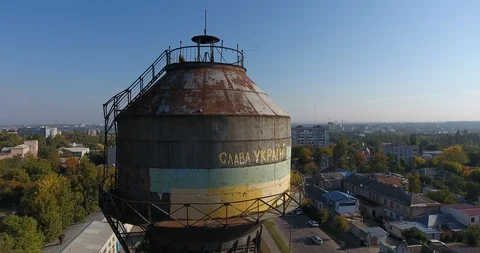 Aerial view and side of an old metal water Shukhov Tower in Mykolayiv, Ukraine Stock Footage 87913770