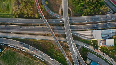 Aerial view and Top view. Traffic of expressways, motorways and highways Stock Footage 105299972
