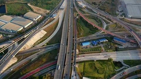 Aerial view and Top view. Traffic of expressways, motorways and highways Stock-Footage 105356646