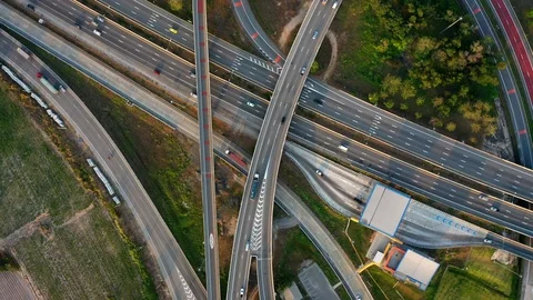 Aerial view and Top view. Traffic of expressways, motorways and highways Stock Footage 106076132