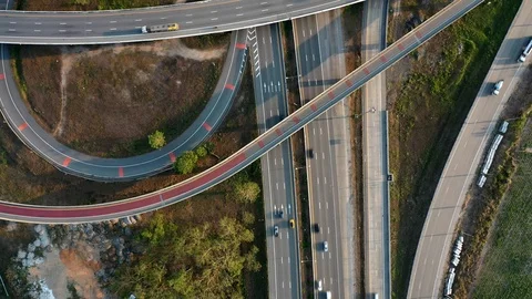 Aerial view and Top view. Traffic of expressways, motorways and highways Видео 106667891
