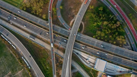 Aerial view and Top view. Traffic of expressways, motorways and highways Stock-Footage 107096076