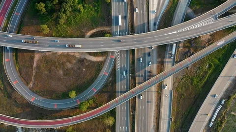 Aerial view and Top view. Traffic of expressways, motorways and highways Видео 108269415