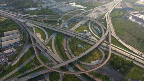 Aerial view and Top view. Traffic of expressways, motorways and highways Видео 119061096