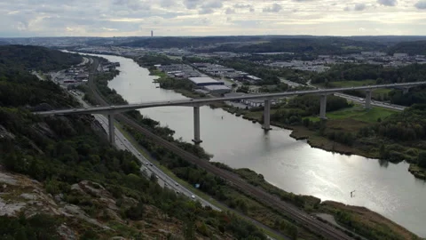 Aerial View of Angeredsbron Bridge Spanning River in Gothenburg, Sweden Stock Footage 330877842