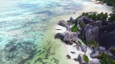 Aerial view of Anse Source d'Argent. La Digue, Seychelles Stock Footage 246311602