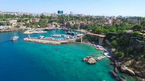 Aerial view of Antalya yacht harbour (Kaleici) Stock Footage