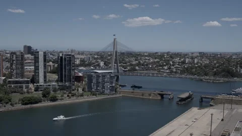 Aerial View of Anzac Bridge and Waterfront Buildings in Sydney on a Clear Day Stock Footage 341315977
