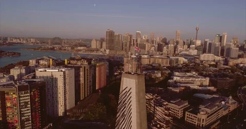 Aerial view of the  ANZAC Bridge Flag. Sydney Australia. Stock Footage 78477832
