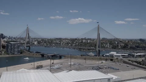 Aerial View of Anzac Bridge Spanning Waterway in Sydney, New South Wales, Austra Stock Footage 341315235