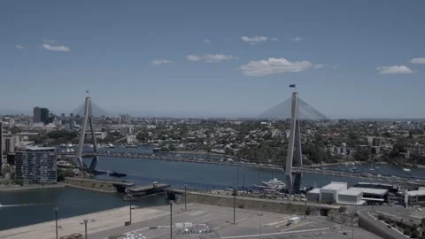 Aerial View of Anzac Bridge Spanning Waterway in Sydney on Clear Day Stock Footage 341315855