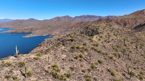 Aerial view of Apache Lake surrounded by mountains, United States. Video stock 312769997
