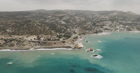Aerial view of Aphrodite Beach and coastline, Cyprus. Stock Footage 312837726