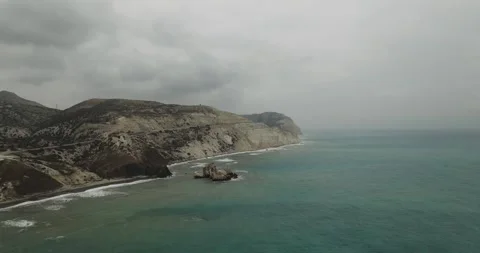 Aerial view of Aphrodite Beach with cliffs, Cyprus. Stock Footage 312837756