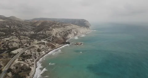 Aerial view of Aphrodite Beach with cliffs, Cyprus. Stock Footage 312838601