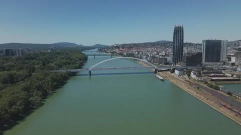 Aerial View of Apollo Bridge and Bratislava Skyline Over Danube River Stock Footage 340553039