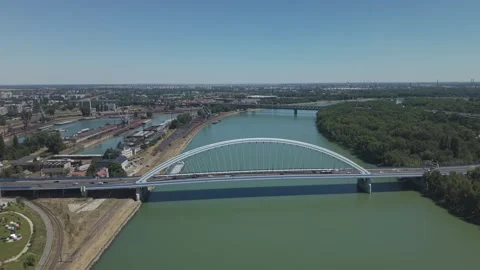 Aerial View of Apollo Bridge Over Danube River in Bratislava Stock Footage 340553941