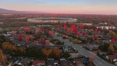 Aerial view of Apple Park campus at sunset in autumn. Apple Park, Cupertino, USA Stock Footage 317536712