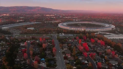 Aerial view of Apple Park campus at sunset in autumn. Apple Park, Cupertino, USA Stock Footage 317536714