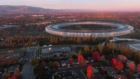 Aerial view of Apple Park campus at sunrise. Apple Park, Cupertino, USA Stock Footage 317537299