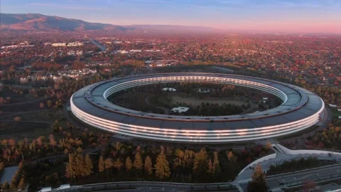 Aerial view of Apple Park campus at sunrise in autumn. Apple Park, Cupertino, Stock Footage 317537417