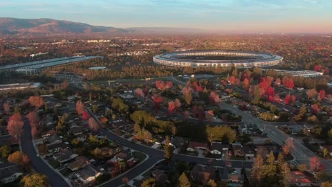 Aerial view of Apple Park campus in autumn landscape. Apple Park, Cupertino, USA Stock Footage 317537858