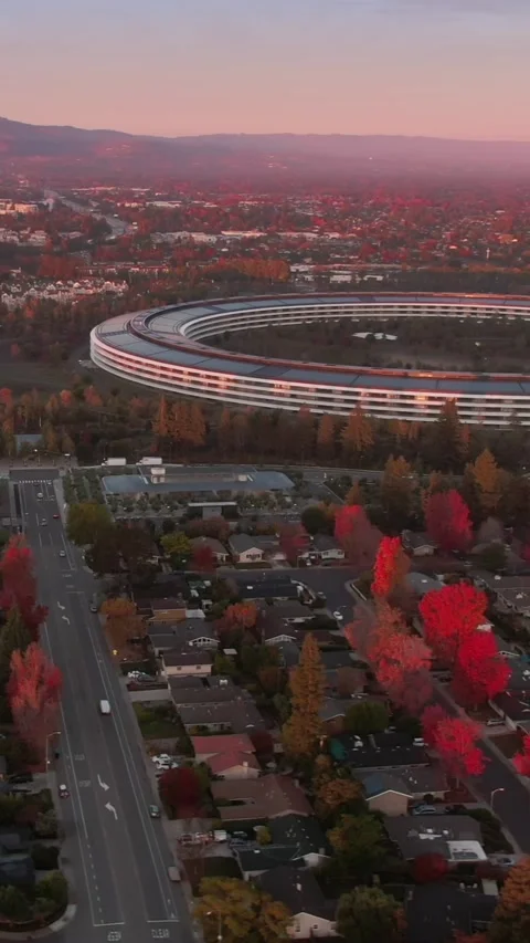 Aerial view of Apple Park campus at sunset in autumn. Apple Park, Cupertino, USA Stock Footage 317601331
