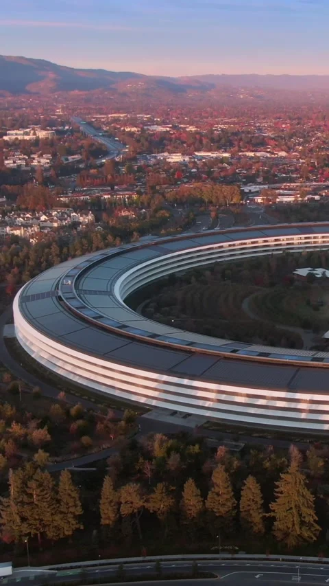 Aerial view of Apple Park campus at sunrise in autumn. Apple Park, Cupertino, Stock Footage 317601514
