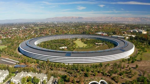Aerial view of Apple Park completed round headquarters in Cupertino, California Stock Footage 97919936