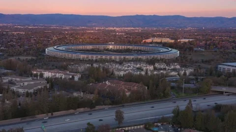 Aerial view of Apple Park, Silicon Valley, at sunset. Cupertino, USA Stock Footage 313850966