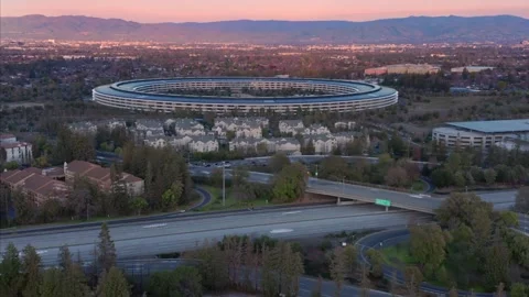 Aerial view of Apple Park, Silicon Valley, at sunset. Cupertino, USA Stock Footage 313851099