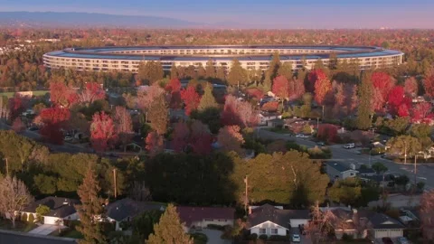 Aerial view of Apple Park surrounded by autumn foliage. Apple Park, Cupertino, Stock Footage 317537856