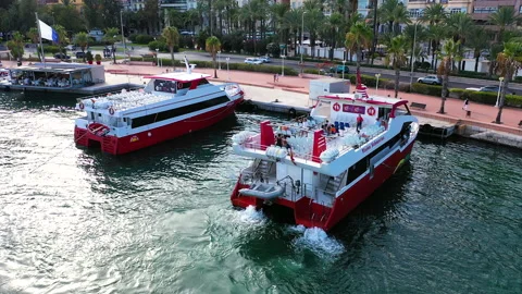 Aerial view with approach yo beauiful touristic ferry entering in Alicante. Stock Footage 140880318
