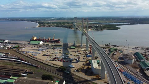 Aerial view approaching the Maputo–Katembe bridge, sunny day in Mozambique Video stock 305432078