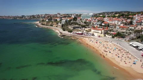 Aerial view approaching Praia da Poca Beach in Estoril, Lisbon, Portugal Stock Footage 238770921