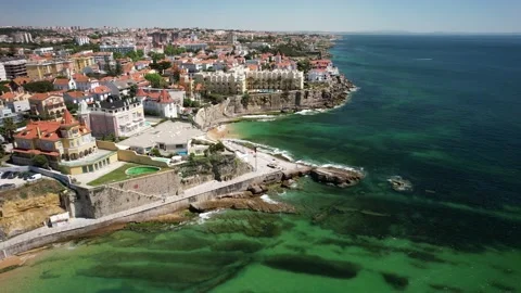 Aerial view approaching Praia da Poca Beach, Portugal Stock Footage 238770934