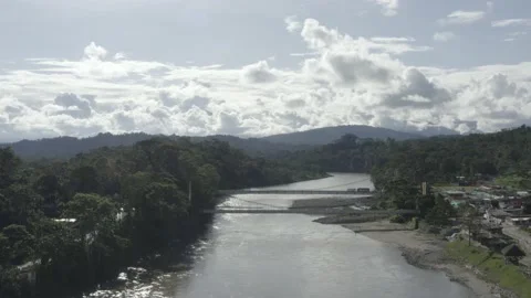 Aerial view, approaching two large bridges in South America Stock Footage 146343824