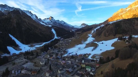 Aerial View of Arabba Town Valley in Dolomites (Alps) Mountains in Winter, Italy Stock Footage 70987953