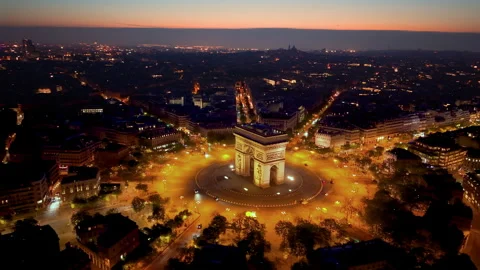 Aerial View of Arc de Triomphe Monument at Beautiful Sunset Time. 4k. France Stock Footage 308456026